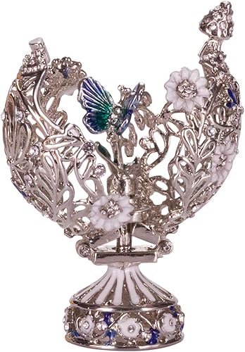 Miniatura 3 de danila-souvenirs Huevo tallado estilo Faberge con flores y mariposa 2.8'' (2.8 in) color plata