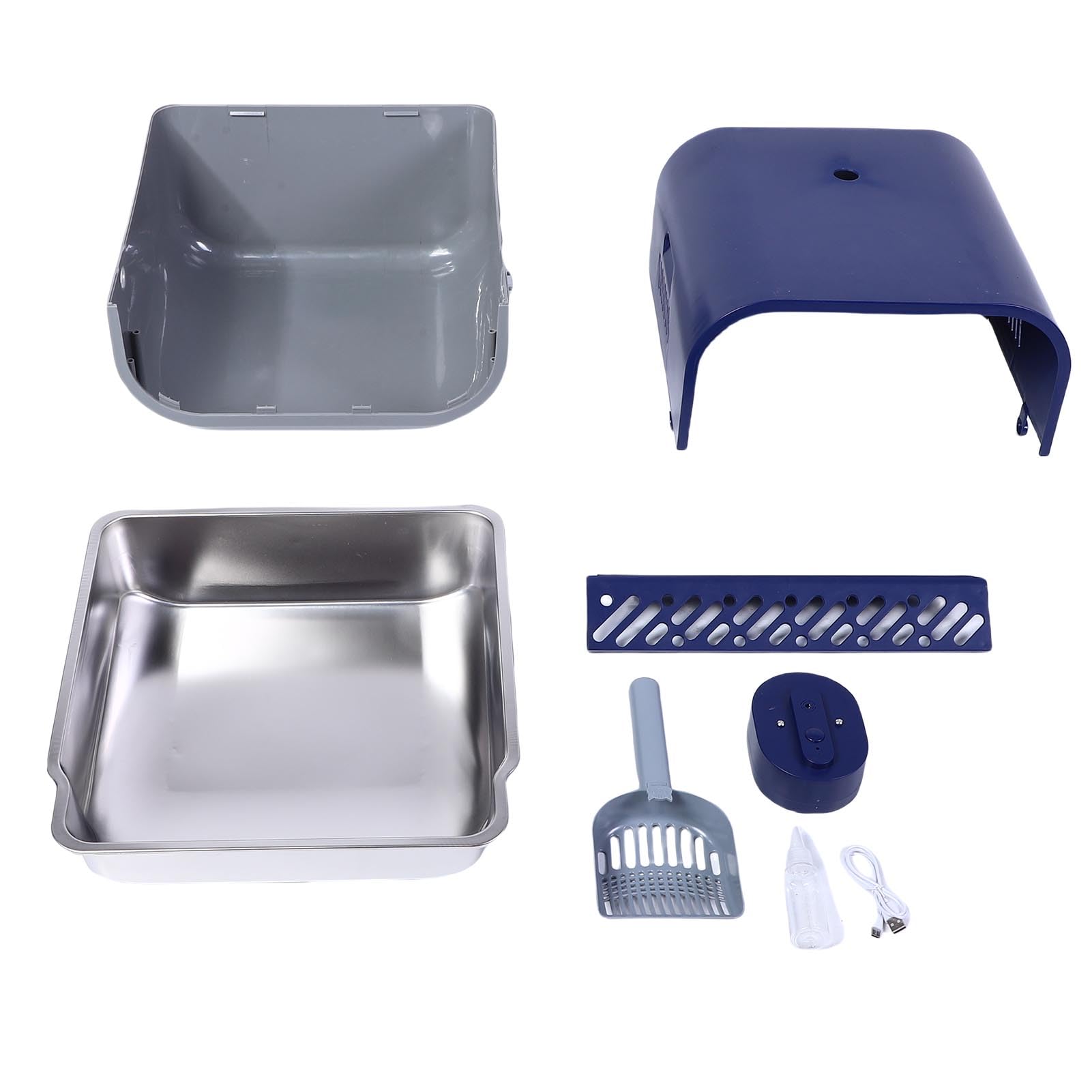 Caja de Arenas Inteligente para Gatos con Videoportero con Función de Pulverización de Soplador, Inodoro para Gatos de Acero Inoxidable Antisalpicaduras con Cuchara (Azul)