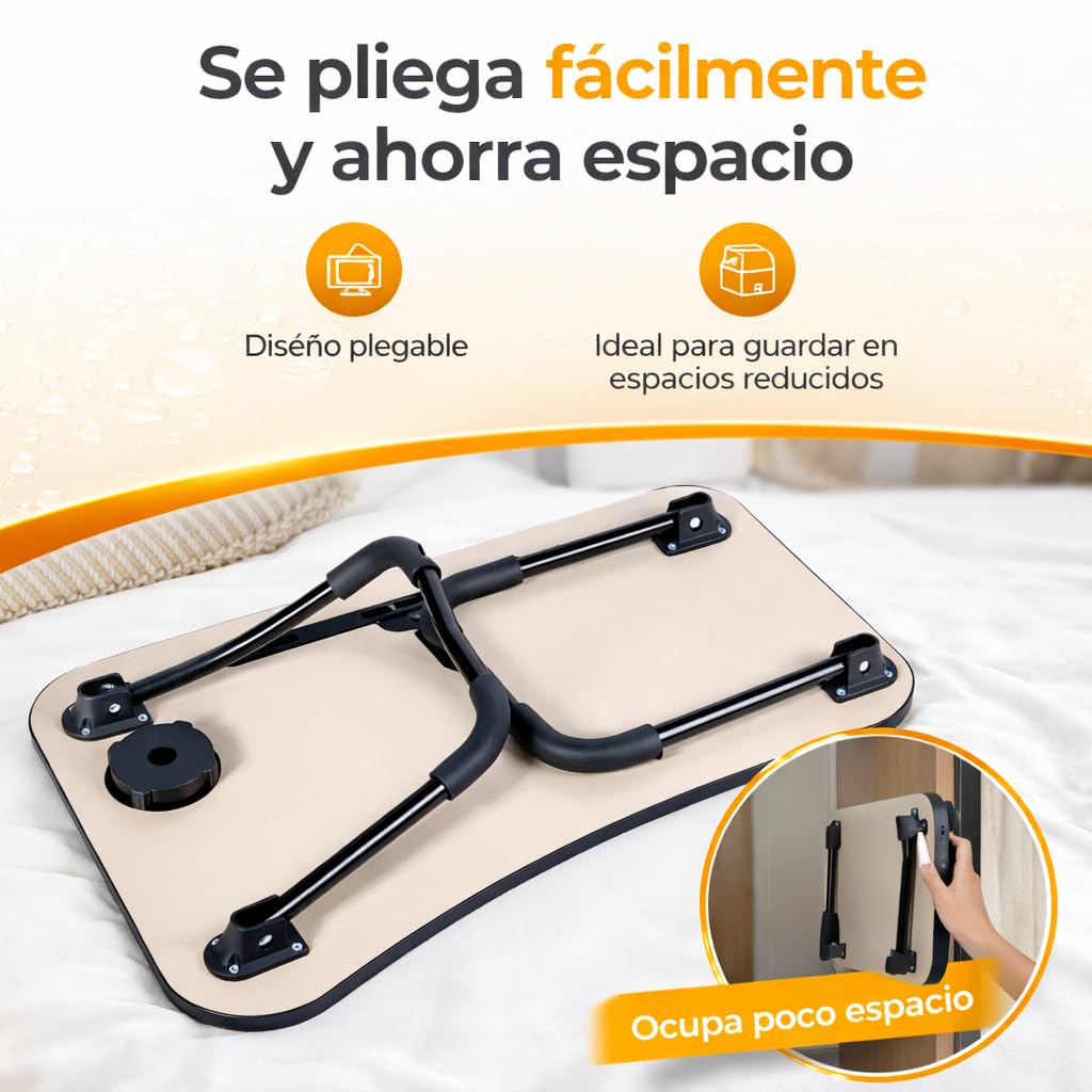Mesa Plegable Auxiliar portátil pequeña. Mesita para Ordenador en Cama, Sofa, salón, Cocina, Suelo. Posavasos. Patas Antideslizantes. Ranura para Tablet y Pen. Superficie Texturizada. 60x40cm