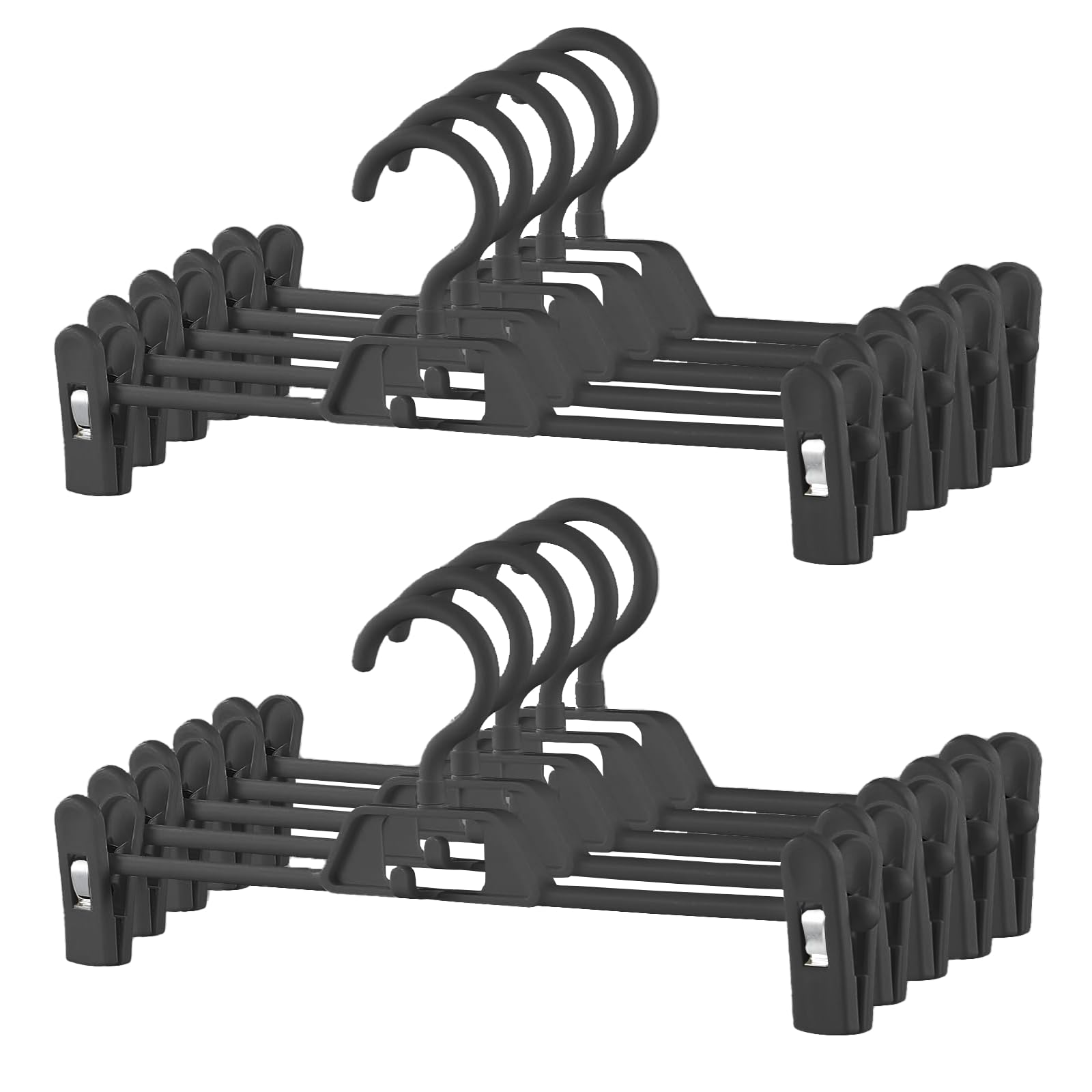 WJWSKI Trouser Hangers with Adjustable Clips, Stackable Skirt Hangers 10Pack, Pants Hangers Space Saving with 360° Swivel Hooks for Skirts,Dresses, Shorts, Jeans, Slack,Black
