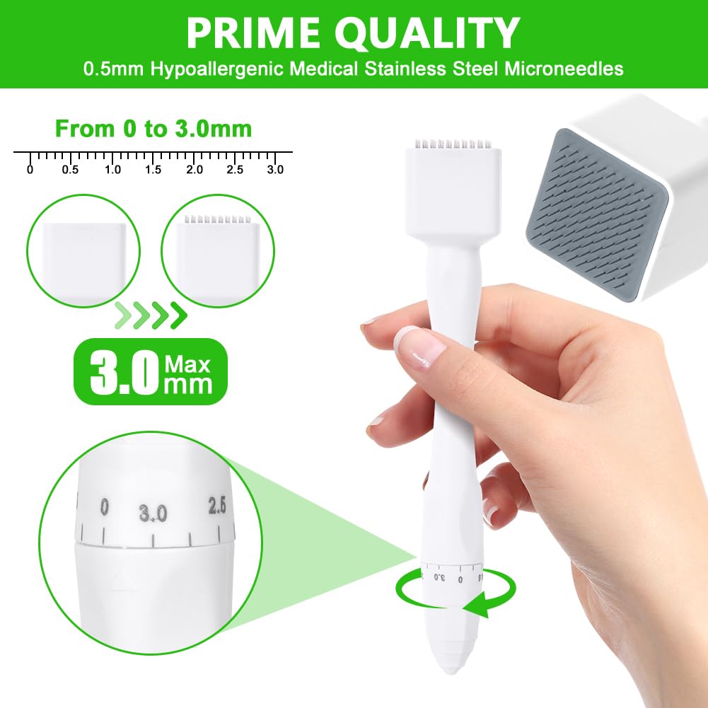 Timbro Dermastamp Derma Stamp Regolabile 0-3 mm Professionale Dermastamp Microneedling Regolabile, Derma Roller per Capelli, Barba, Viso, Corpo, Bianco(140 perni)