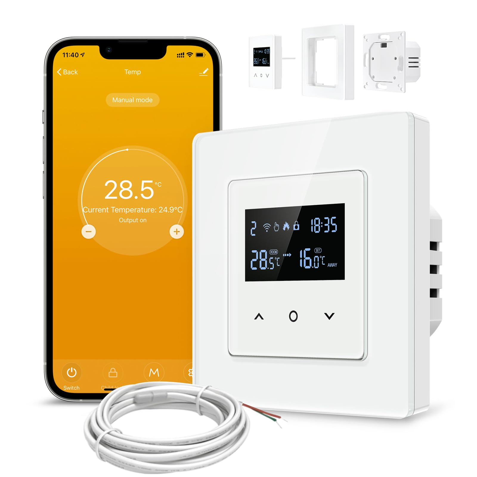 Samrt WiFi Themrmostat für Elektrische Fußbodenheizung, 55 x 55mm Standard, Glasfläche, Programmierbar Raumthermostat Unterstützen Alexa, Google Home Sprachsteuerung und Smart Life App Fernbedienung
