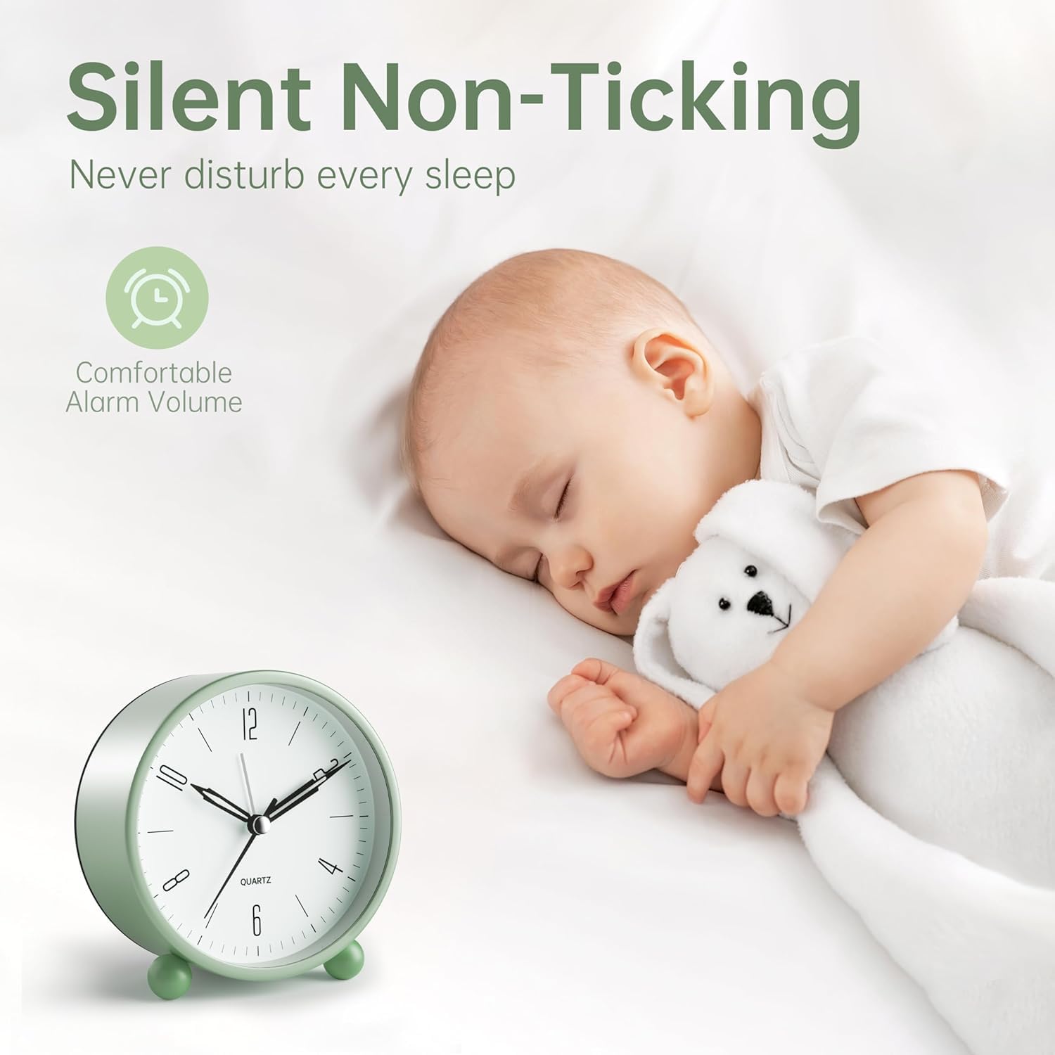 BROCCOLIN Silent Non-Ticking Analog Alarm Clock with Night Light - Battery Operated Minimalist Design for Bedroom, Bedside, Desk - Portable Plastic Clock (AA Battery)