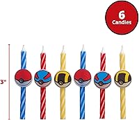 Vista 3 de Velas de pastel de cumpleaños Pokémon 6 velas de cumpleaños para decoración de pasteles, velas de rayas rojas, azules y amarillas, decoraciones