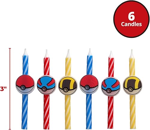 Miniatura 3 de Velas de pastel de cumpleaños Pokémon  6 velas de cumpleaños para decoración de pasteles, velas de rayas rojas, azules y amarillas, decoraciones de