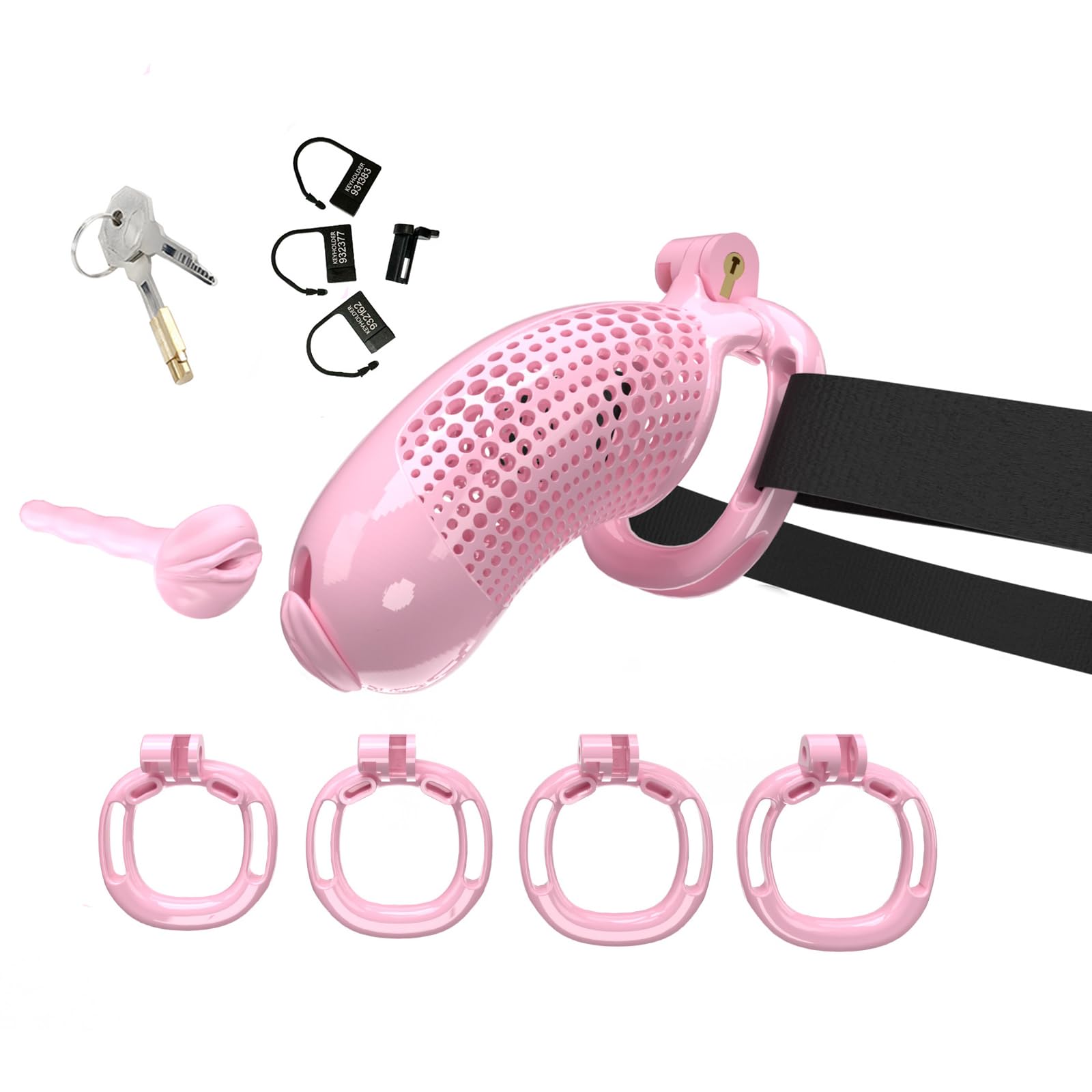 Chastity Lock for Men Cock Cage Male Chastity Device Penis Lock Adult Fun Male Lightweight Resin Penis Bondage Chastity Cage with 4 Sizes Removable Rings（Pink Suit）