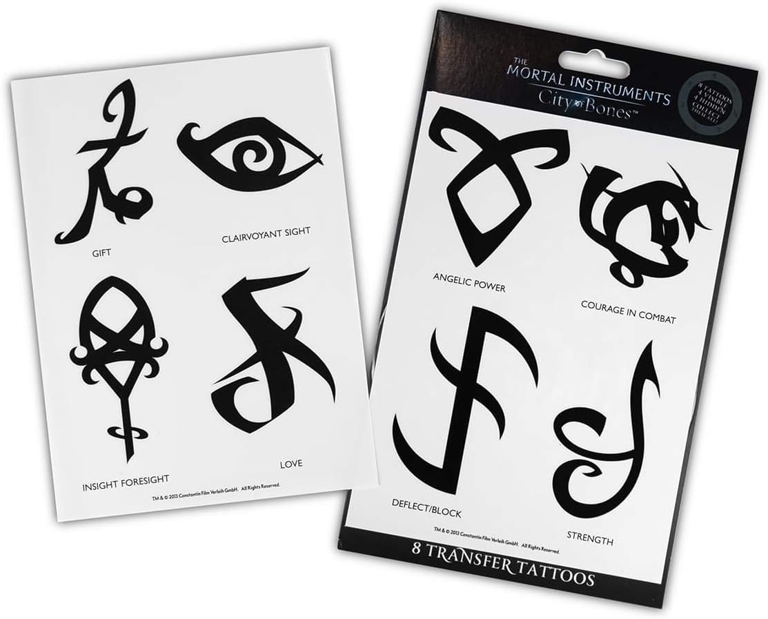 - The Mortal Instruments: City Of Bones Battle Runes Tattoos - Temporary Tattoo 8-Pack - Fake Black Ink for Men, Women & Kids - Cool Face, Body, Hand Makeup Or Make Sleeves - Realistic Costume Temp Tat