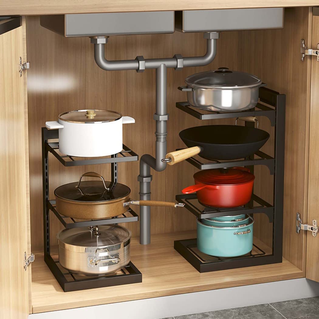 Organizzatore per pentole e padelle con divisori antiscivolo regolabili per armadio da cucina