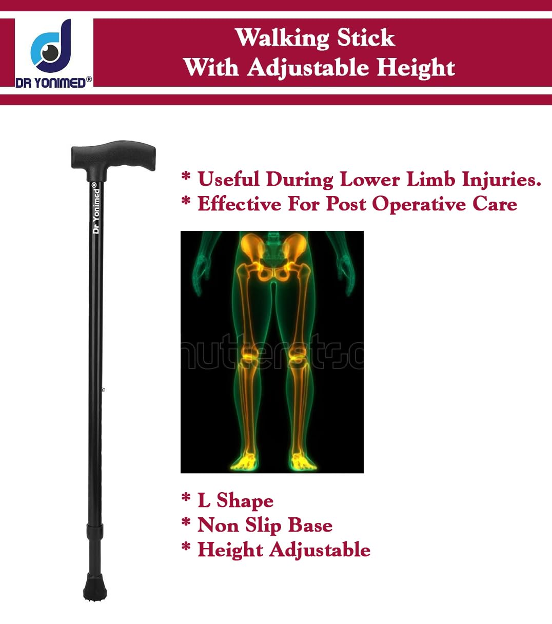 Dr Yonimed Walking Stick Premium (Black) Height Adjustable Single Leg L-Shaped (for Men/Women/Old People/Handicap Person) Made of Alloy Steel (Light Weight)