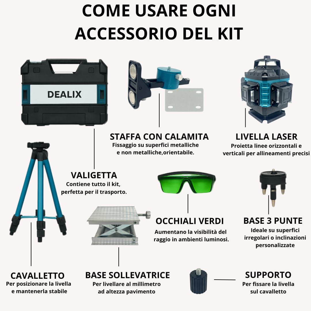 Livella Laser 16 Linee Verde 4x360° Dealix con Cavalletto 1 m, Staffa Magnetica, Base a 3 Punte – Kit Autolivellante Professionale per Edilizia, Cartongesso, Piastrellisti, Pareti, Controsoffitti