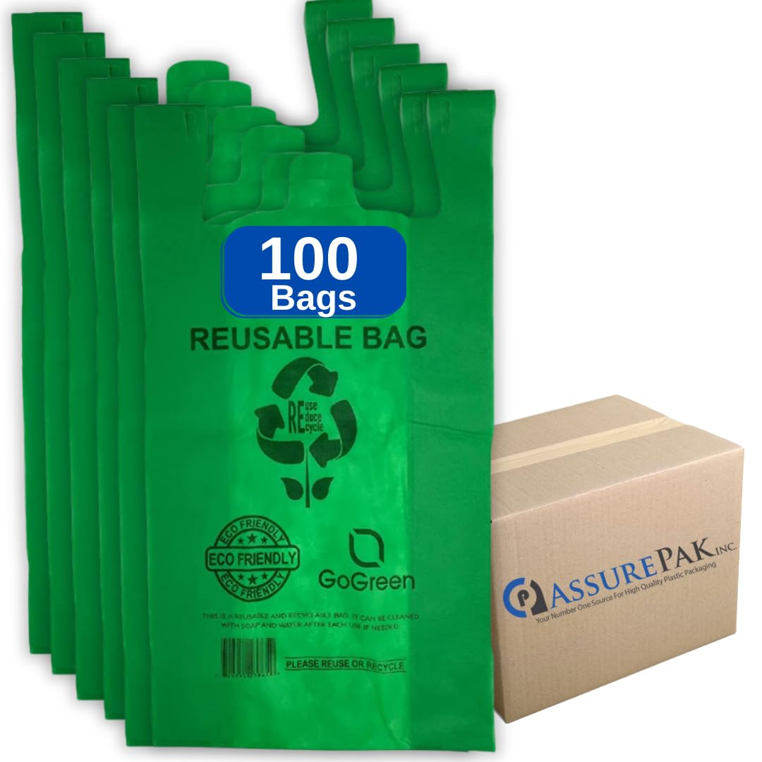 ASSUREPAK Green PP Non Woven Reusable Bags - 100 Bags - 1/6 BBL 12"X7"X22" - 45 GSM - Green - 12722GRNPPNWRB45