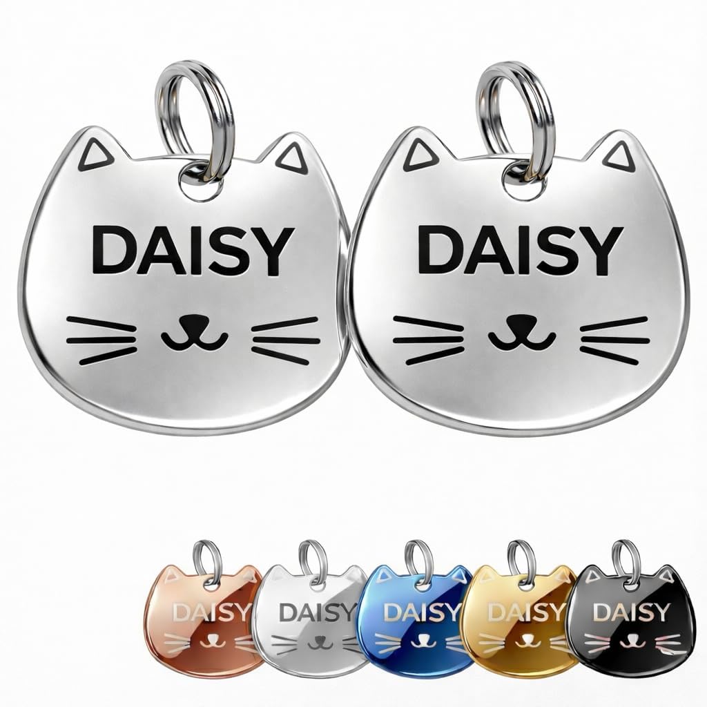2-Pack Personalised Cat Face ID Tags, Custom Engraved Stainless Steel Cat Name Tags with Phone Number, Front & Back Engraving, Cat-Shaped Tags for Cats and Kittens (Silver)