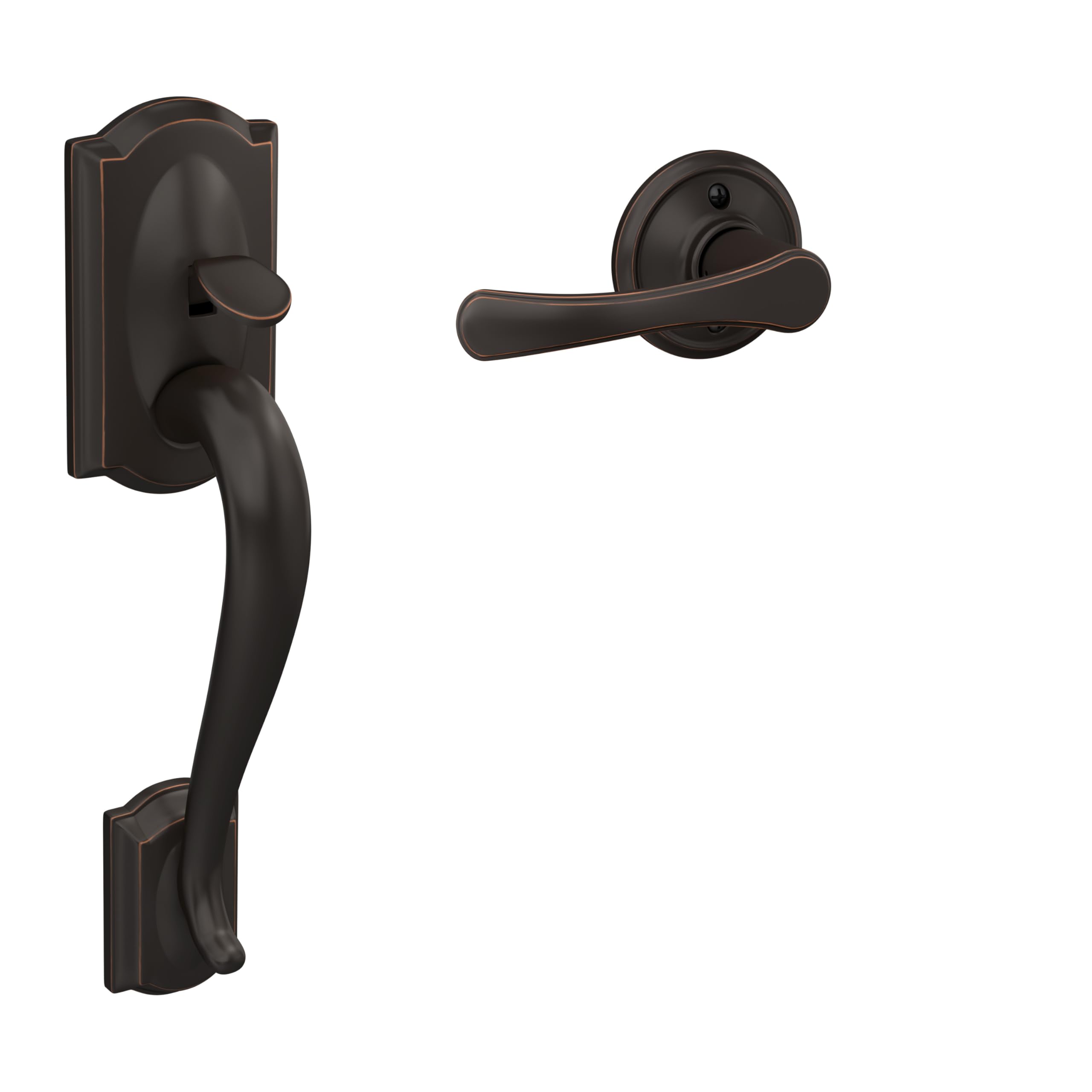 Schlage FE285 CAM 716 VLA Camelot Trim Lower Half Front Entry Handleset with Avila Lever, Aged Bronze, Standard Interior Trim