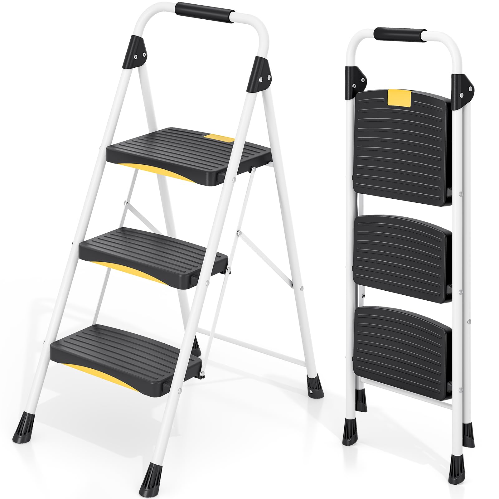 Escalera 3 Peldaños Plegable, Carga hasta 150kg, Bloqueo de Seguridad, Pedal Ancho Antideslizante, Pasamanos, Escaleras de Tijera Portátil de Acero para Hogar, Cocina, Oficina, Blanco