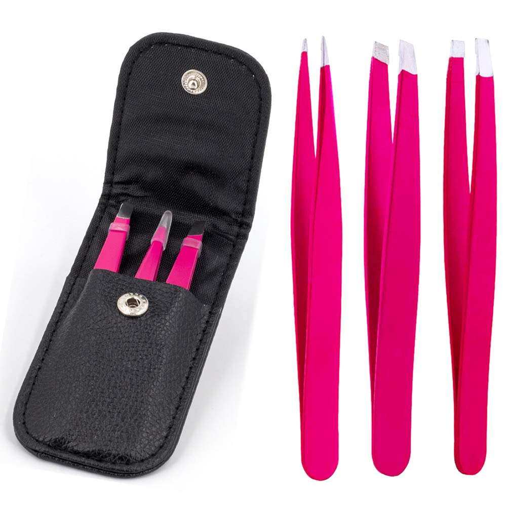 3 Pcs Profeesional Eyebrow Tweezers Set with Leather Storage Pouch, Stainless Steel Precision Tweezers for Eyebrows Plucking, Ingrown Hair Remover and Facial Hair