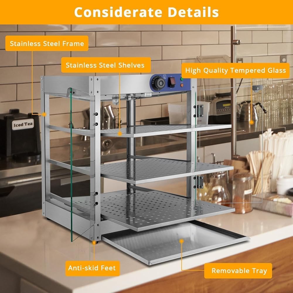 Vetrina riscaldante commerciale in acciaio inox per torte, espositore da banco a 3 livelli con illuminazione a LED, ripiani rimovibili, temperatura regolabile, ideale per buffet e ristoranti.
