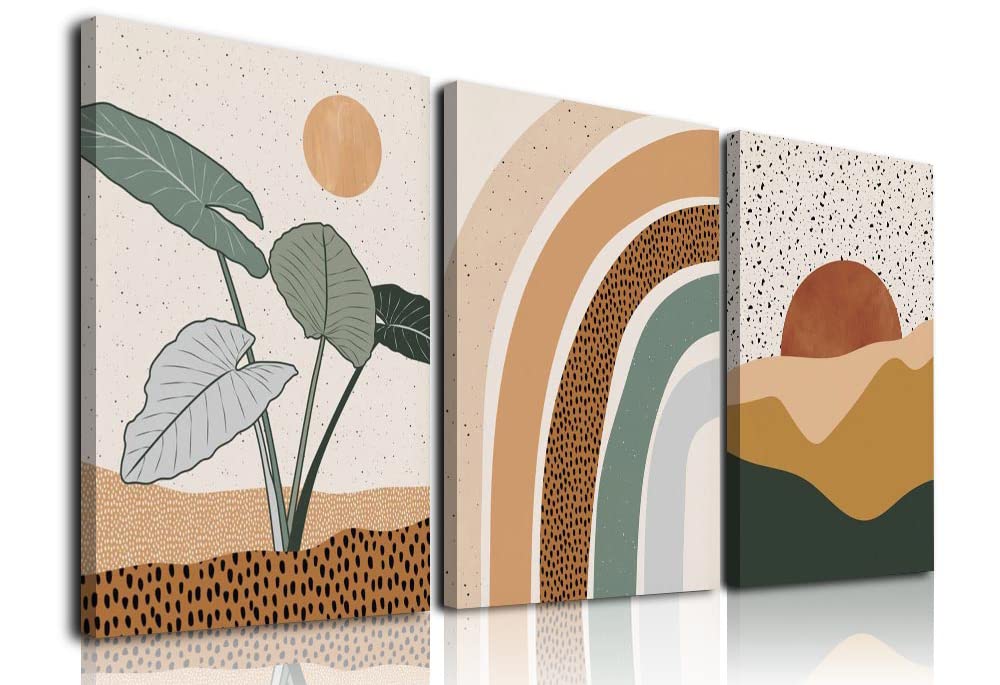 Boho Wall Art Set Of 3, Mid-Century Modern Wall Art, Framed Canvas Paintings Neutral Abstract Geometric Prints Sun Desert Plant Rainbow Nature Minimalist Artwork Boho Wall Decor for Bathroom Bedroom Living Room Boho Room Decor (12" X 16", Colorful)