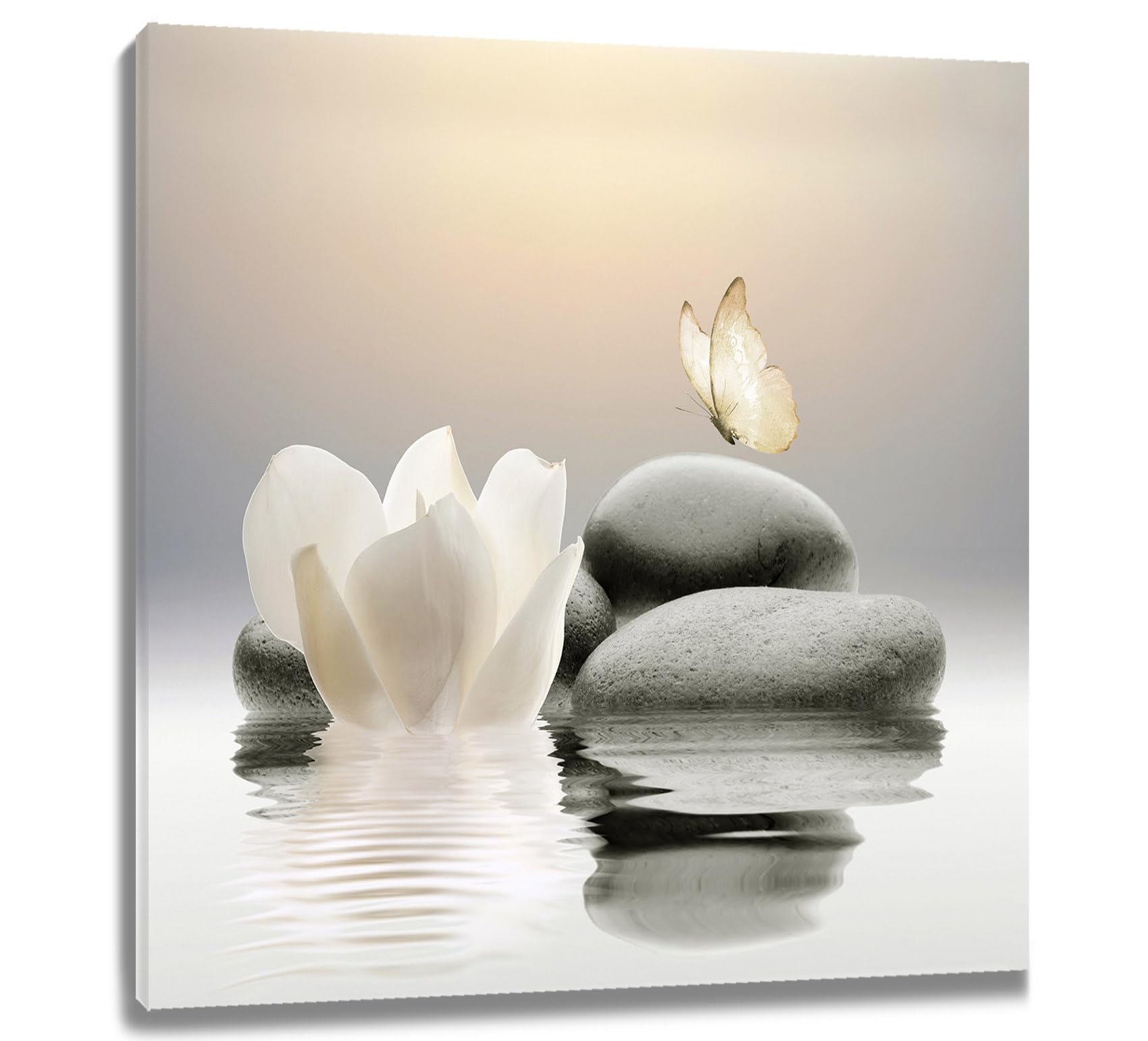 EOBTAIN Lienzo decorativo para pared, diseño de flores blancas y mariposas amarillas en el lago, arte cuadrado para baño, sala de estar, dormitorio, moderno, espiritual, yoga, spa, decoración de