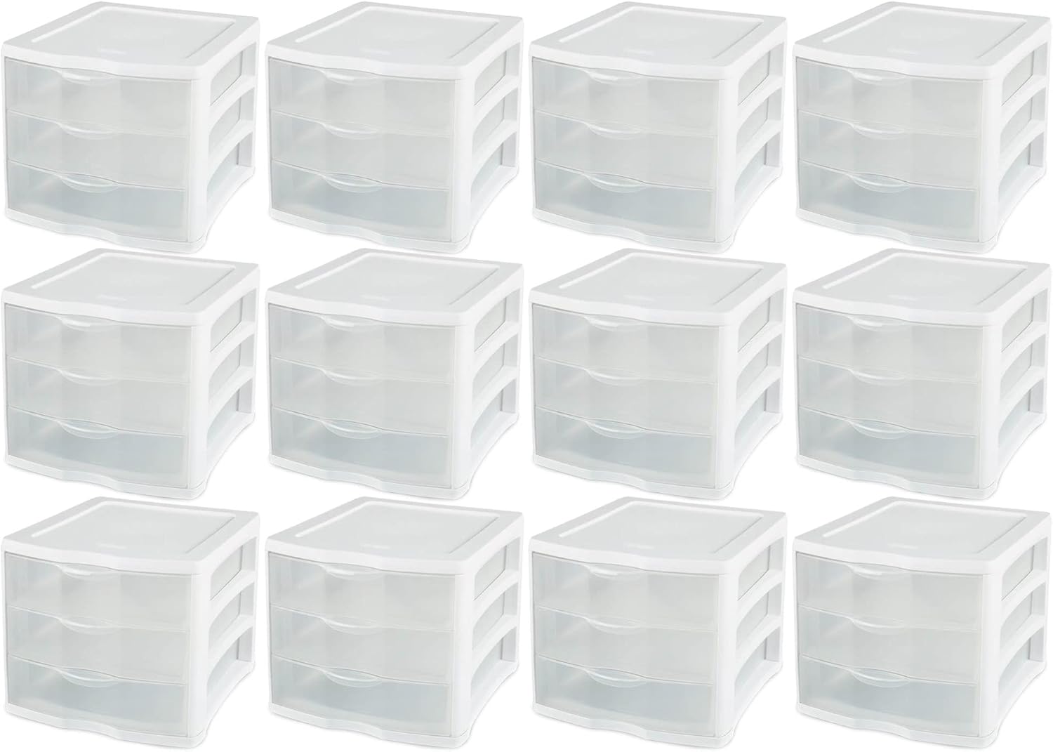 Sterilite Clear Plastic Stackable Small 3 Drawer Storage System for Home Office, Dorm Room, or Bathrooms, White Frame, (12 Pack)