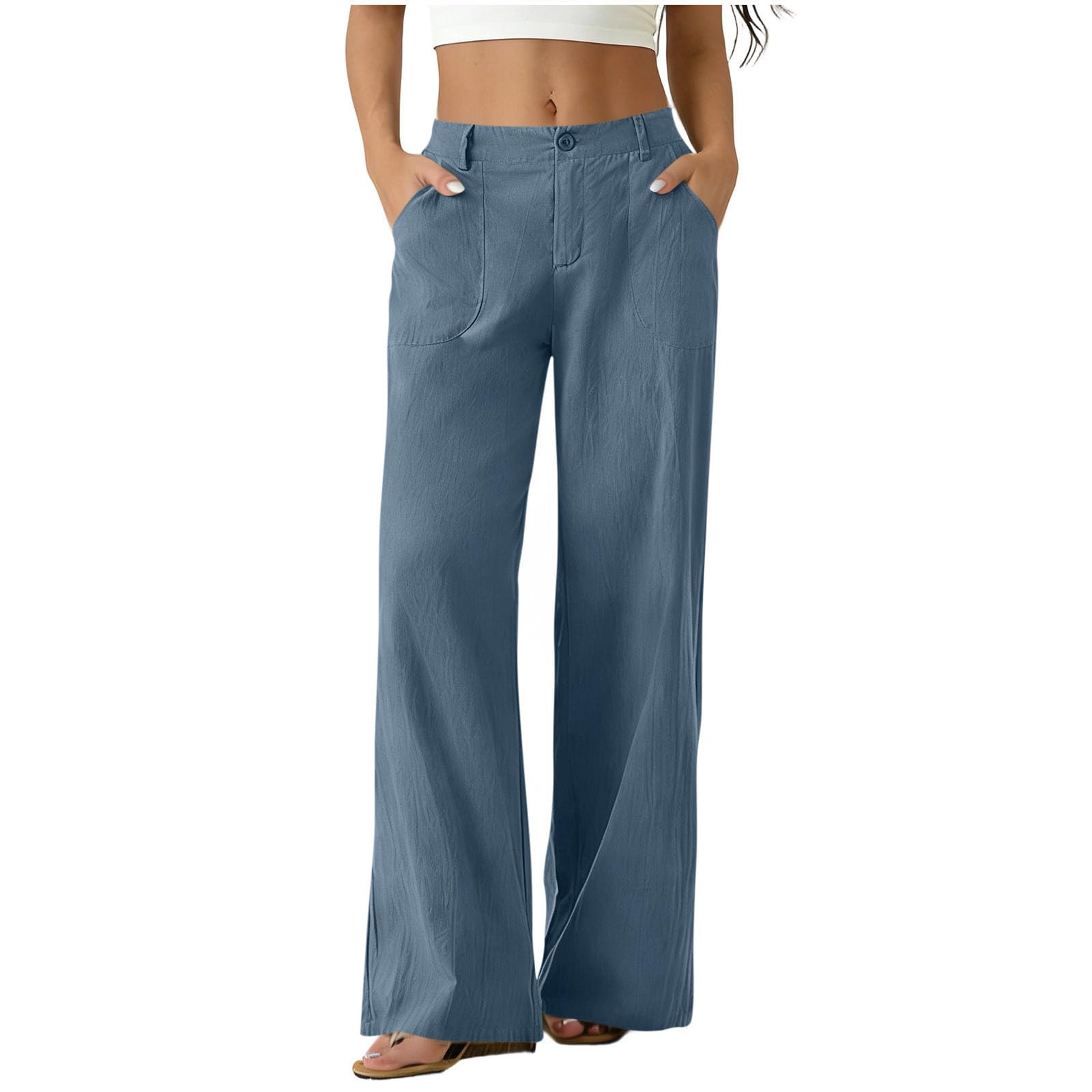 Pantaloni Donna Estivi in Cotone e Lino Eleganti Elastico Vita Alta Pantaloni Lino Donna Larghi Curvy Leggeri e Comodi a Gamba Larga Casual Yoga Pantalone Gamba Dritta con Tasche per Business Ufficio