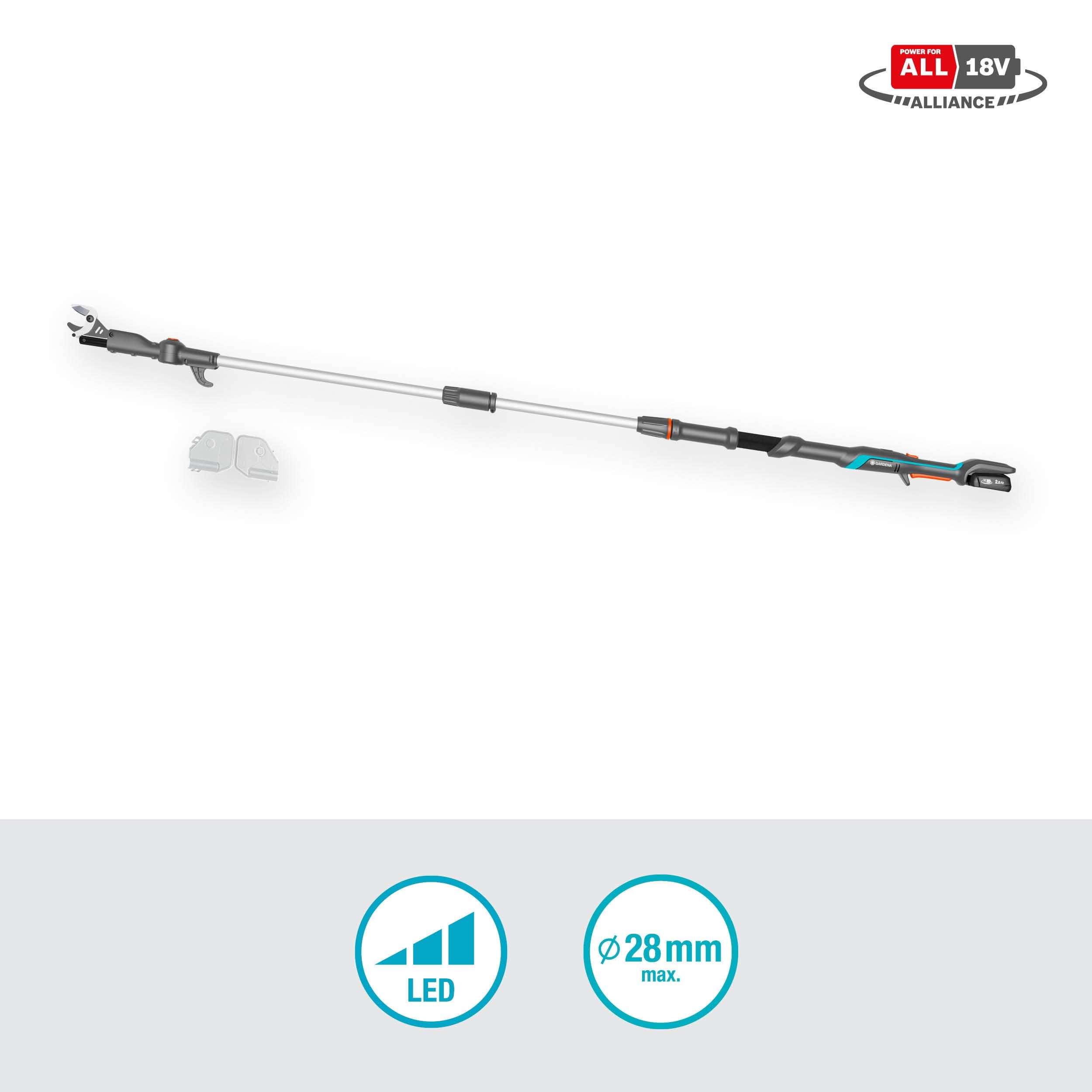 Gardena Troncarami Telescopico A Batteria HighCut 250/18V P4A Set Pronto all'Uso: Telescopico, Fino a 4 m di Distanza, Lame in Acciaio, Testa Girevole, Senza Fili (14774-20)