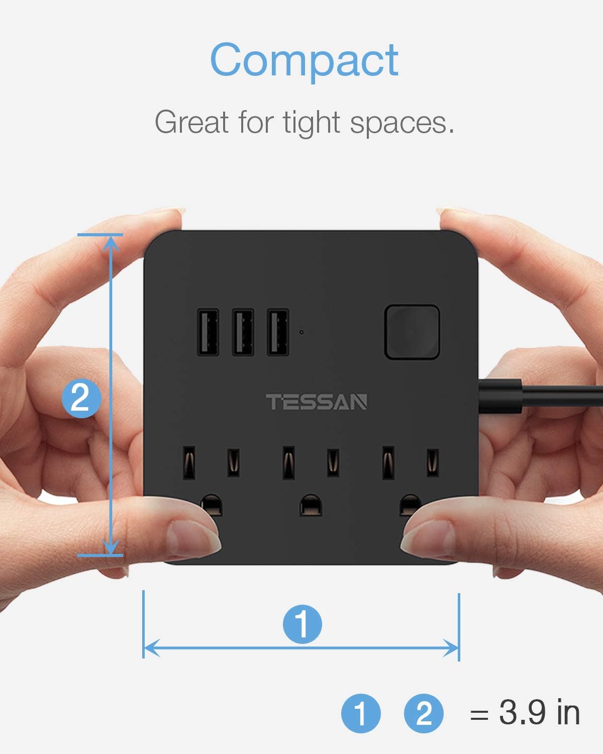 Extension Cord with USB Ports, TESSAN 10 ft Long Flat Plug Power Strip with 3 AC Outlet Compact Desktop Charging Station 125V 10 A for Home, Office, Dorm Room, Black