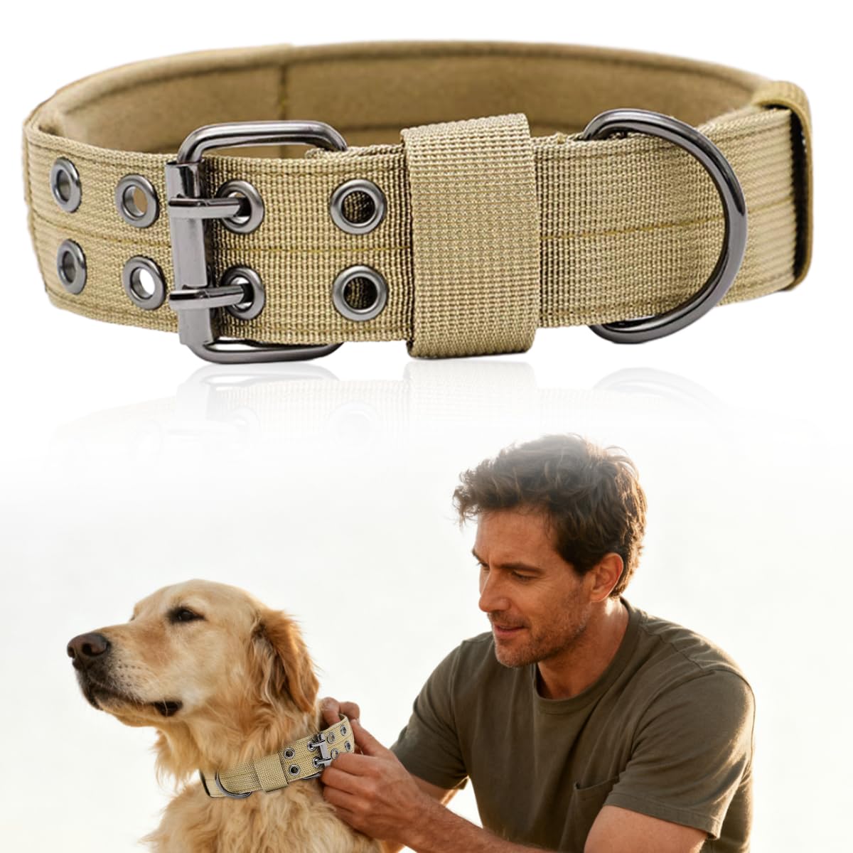 Collar Táctico para Perros con Broche De Metal Robusto, Militar Correa Nylon Collar Perro Grande, Collars Táctico Perro Perros Ajustable Pour Races Extra Grandes, Kaki L