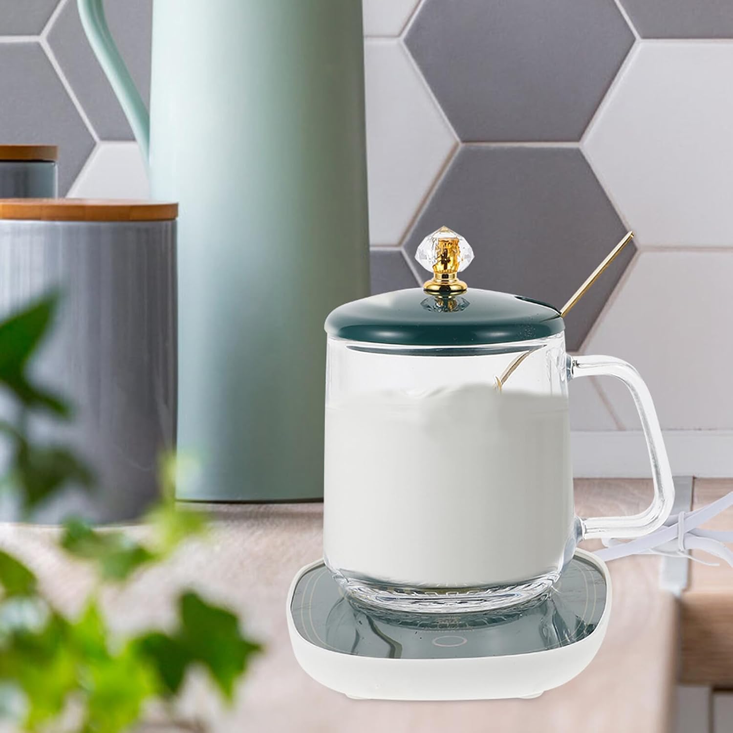 Creative Milk Cup Warmer with Ceramic Heating Coaster and Scoop US Plug Practical Tabletop Mug Heating Plate for Coffee Tea Cocoa and Milk Compact and Safe Design in Deep Green