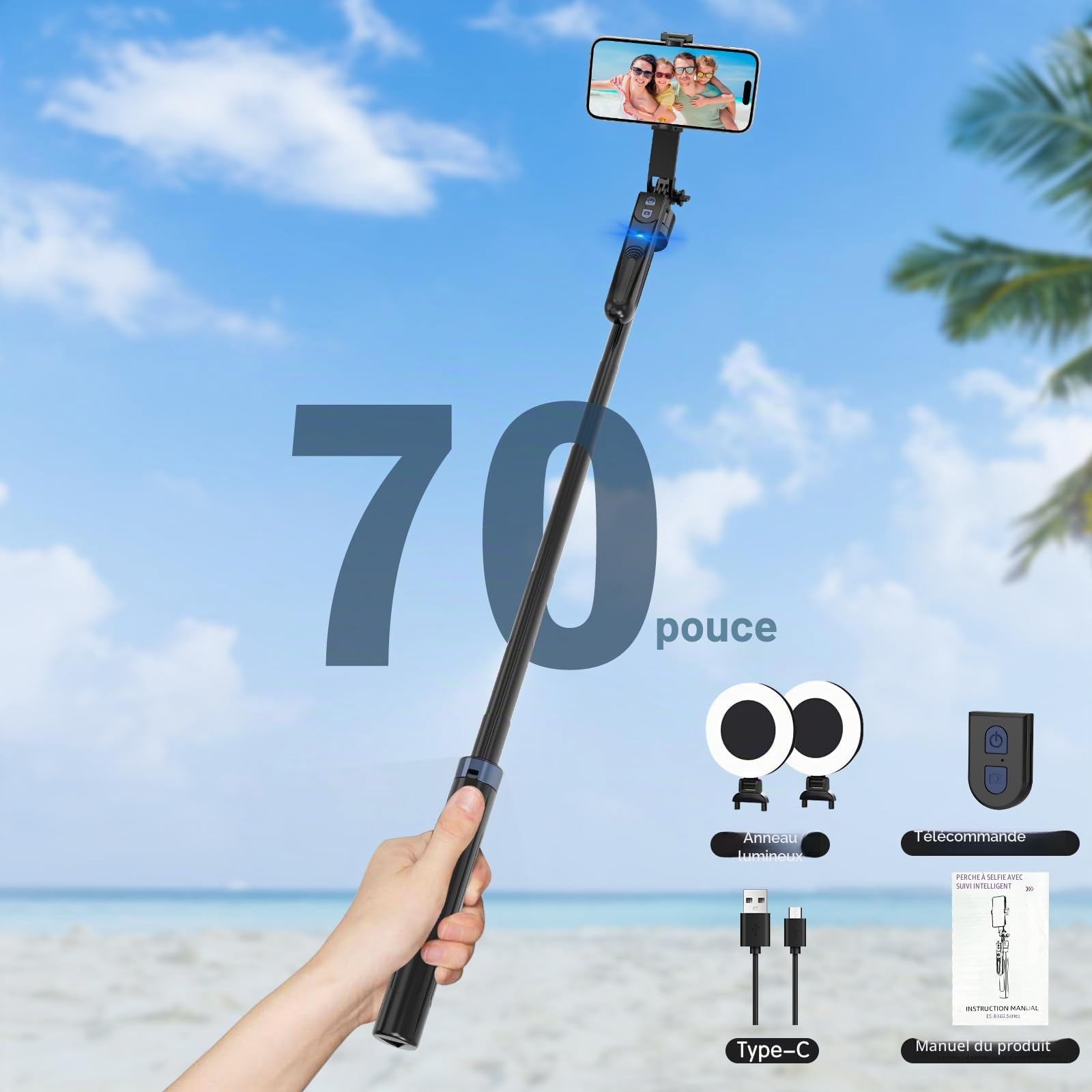 Automatique Visage Suivi Trépied avec Lumière, Rotation à 360 ° Trepied Smartphone 180cm，Trépied pour Téléphone, Compatible avec iPhone et Android, pour Les Voyages,Enregistrement Vidéo