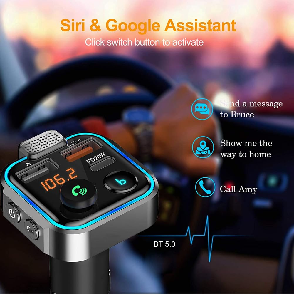 Transmisor FM para Coche 5.0 con Llamadas Manos Libres, Carga rápida PD 20W QC3.0, Reproductor de MP3