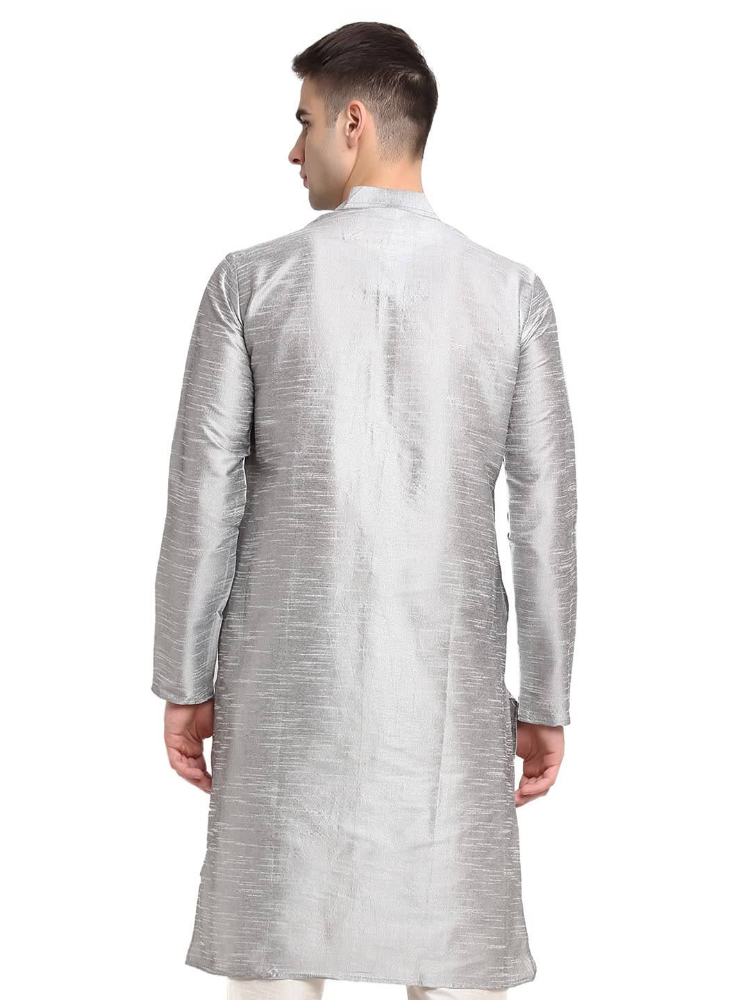 Jompers Men's Dupion Silk Solid Kurta (Silver, Small)