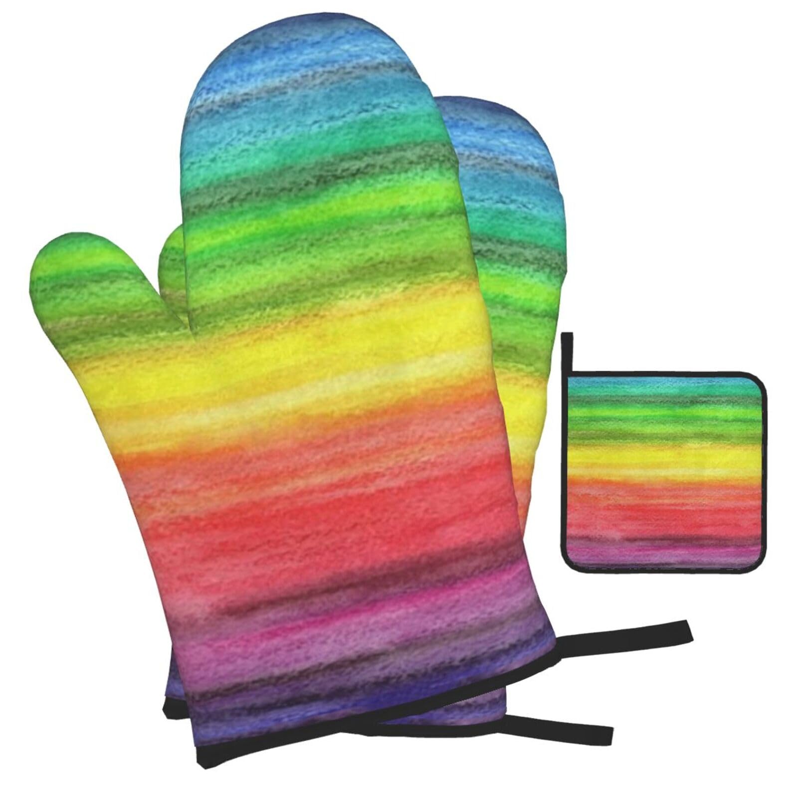 Watercolor Rainbow Printed Oven Mitts and Pot Holders Heat Resistant Set of 3 Pcs, Modern Kitchen Gloves & Potholders for Cooking Baking Grilling