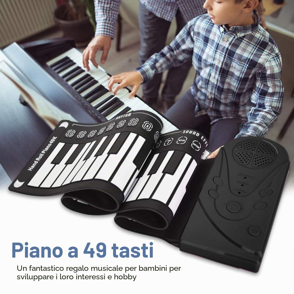 POHOVE Pianoforte portatile con 49 tasti, flessibile, arrotolabile, USB, elettronica, per principianti (nero)