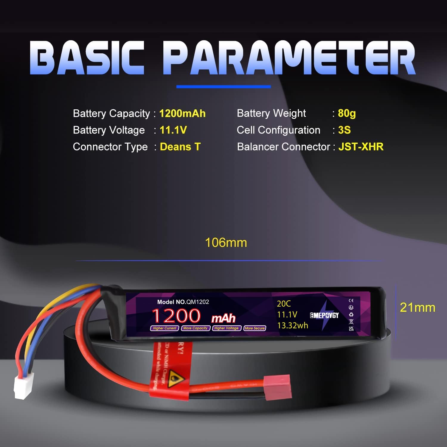 3S Lipo Airsoft Battery 2096 - Batteria ricaricabile ai polimeri di litio da 11,1 V, 1200 mAh, 20C, con spina a T, per fucili da softair - 2096