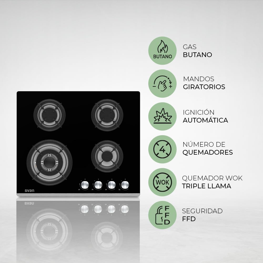 Svan Encimera de Gas Cristal Negro SGW4600N. Potencia máx. 7800 kW, 4 Quemadores, Quemador Wok Triple Llama, con Ignición Automática, Parrillas Forjadas, Incluye Kit de Conversión Gas Natural