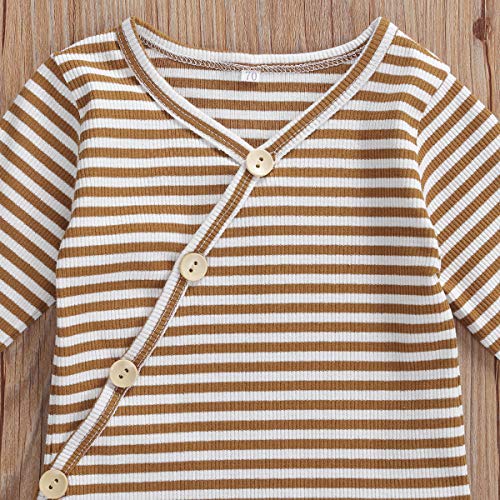 Image of Seyurigaoka Newborn Unisex Baby Pajamas, Organic Cotton Kimono Onesies+Striped Pants, Infant Baby Top Pants Set