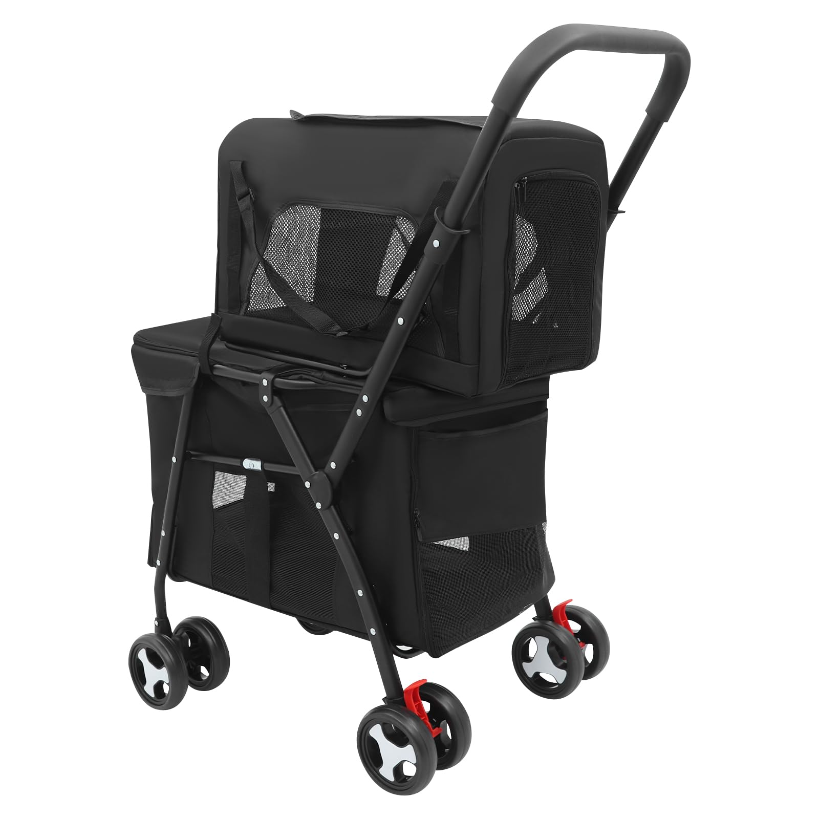 Schwarz Doppelter Haustierstroller, 2 Etagen Faltbarer Haustierwagen, Faltbarer Haustiere Buggy mit abnehmbarer Transportbox, für Katzen und Hunde