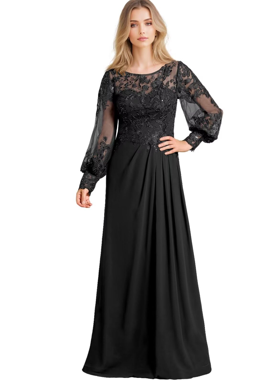 Elegant Long Sleeves Mother of The Bride Dresses for Wedding Guest Chiffon Lace Applique A Line Formal Evening