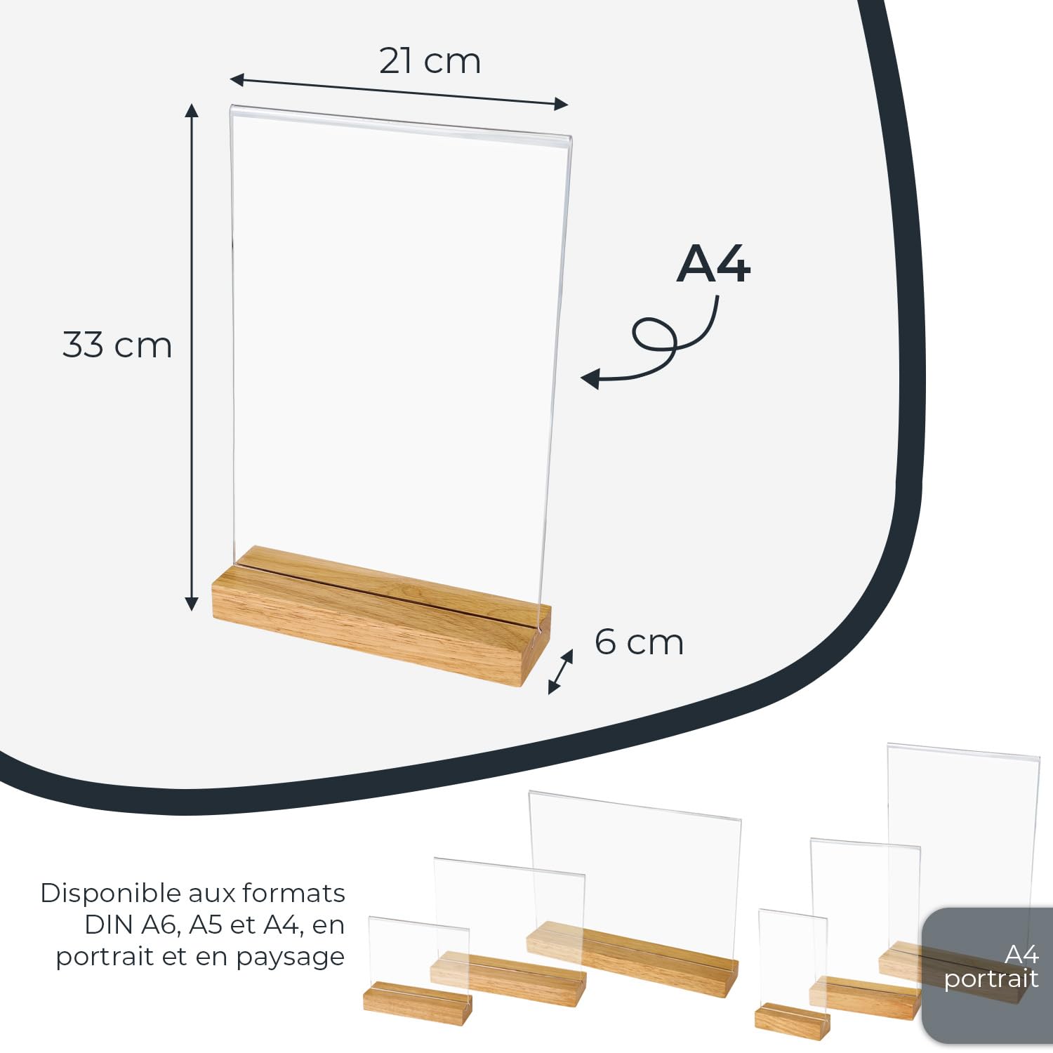 HMF 46944 Présentoir de table en acrylique avec pied en bois | Porte-affiche DIN A4 format portrait | Présentoir de buffet apéritif transparent | 20 pièces