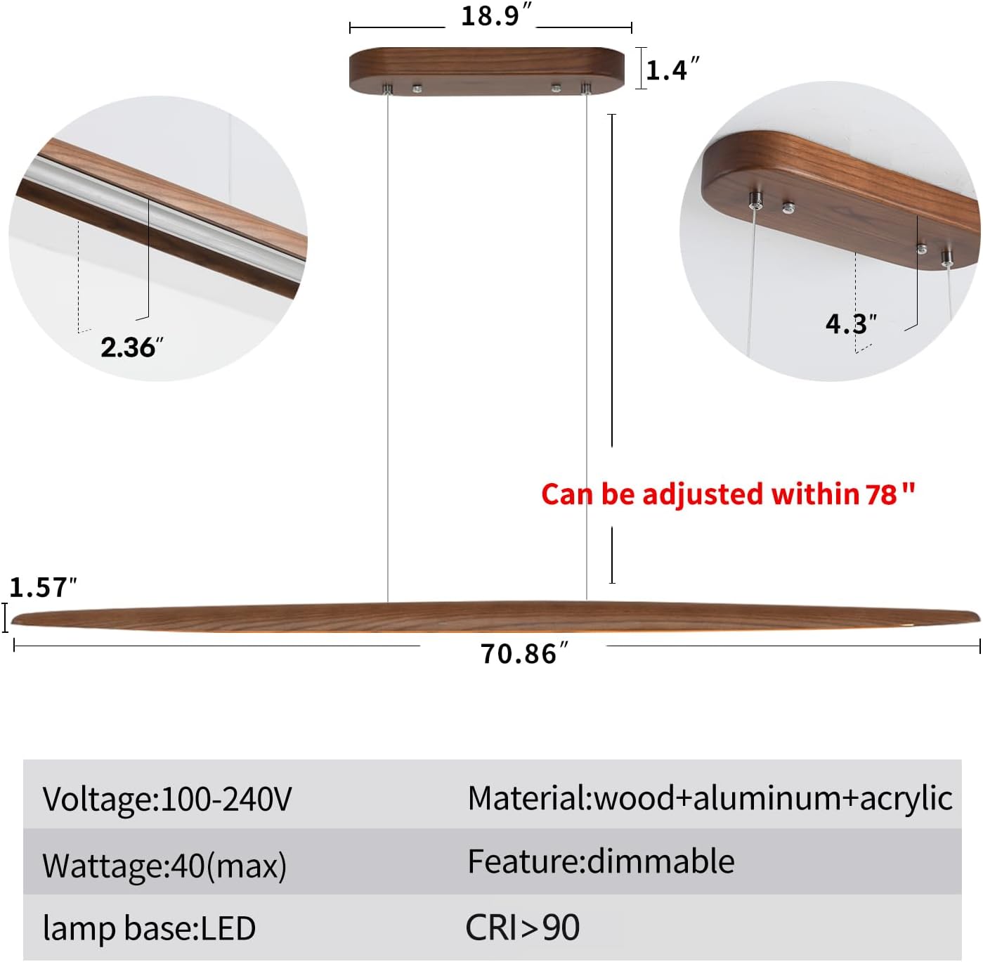 71" Wood Linear Pendant Light Wood Linear Dinning Room Light Island Lights LED Dimmable Chandelier 40w for Dining Room Billiard & Pool Table Walnut Color