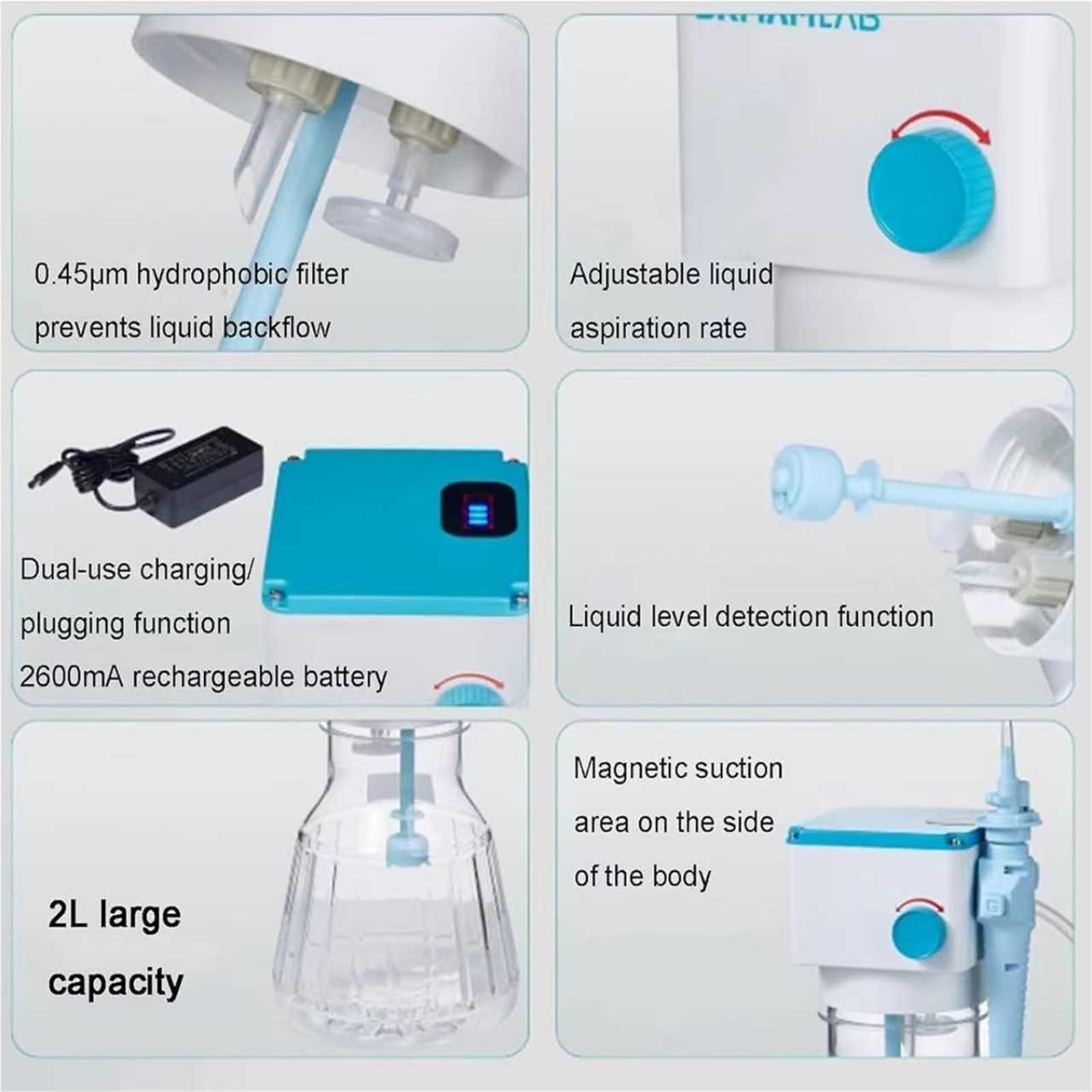 Generico Reciclador De Líquidos Residuales De 2 L, Aspirador De Líquidos Al Vacío, Velocidad Ajustable, con 3 Cabezales De Aspiración (Largos/Cortos/8 Filas), Control Mediante Pedal/Perilla