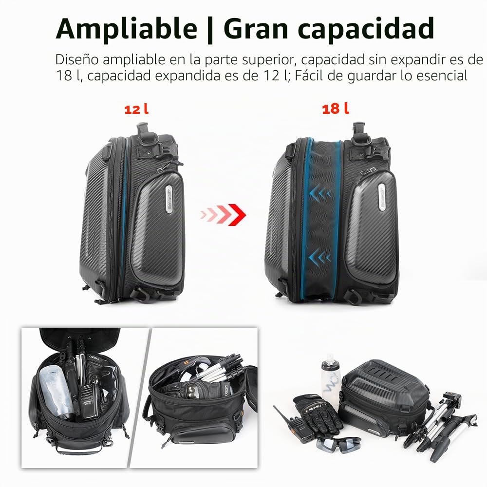 Rhinowalk Bolsa de almacenamiento para motocicleta, carcasa rígida, impermeable, capacidad 12-18L expandible
