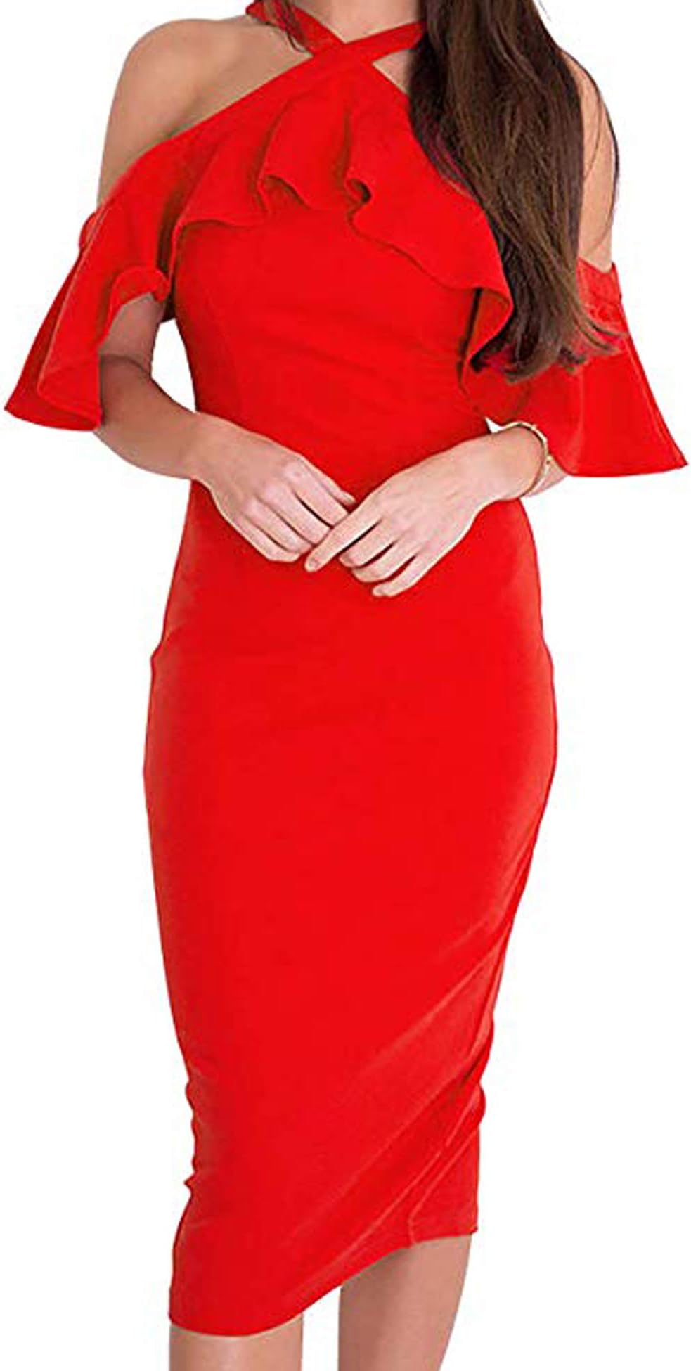 Murimia Womens Dresses Summer Off The Shoulder Ruffle Bodycon Midi Dress Red