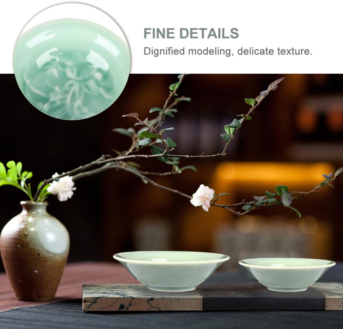 Embossed Celadon Tea Cup Porcelain Chinese Style Light Green
