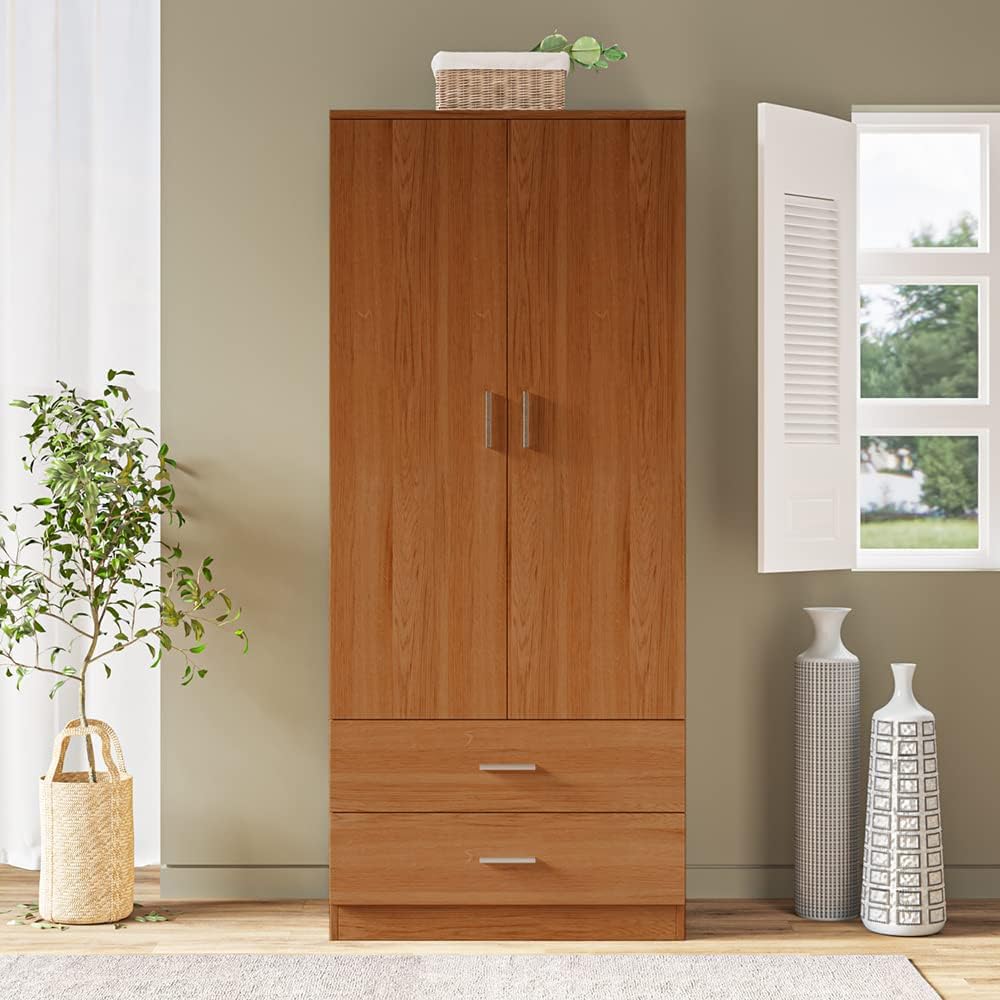 2 Door 2 Drawer Wardrobe with Hanging Rail Wooden Clothes Storage Cupboards Unit for Bedroom Furniture 76.8 * 50 * 180cm (Oak Effect)