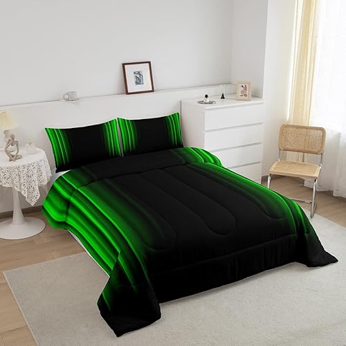 Miniatura 2 de Feelyou Juego de ropa de cama geométrica abstracta degradada para hombres, adultos, adolescentes, juego de edredón a rayas verdes y negras, juego de