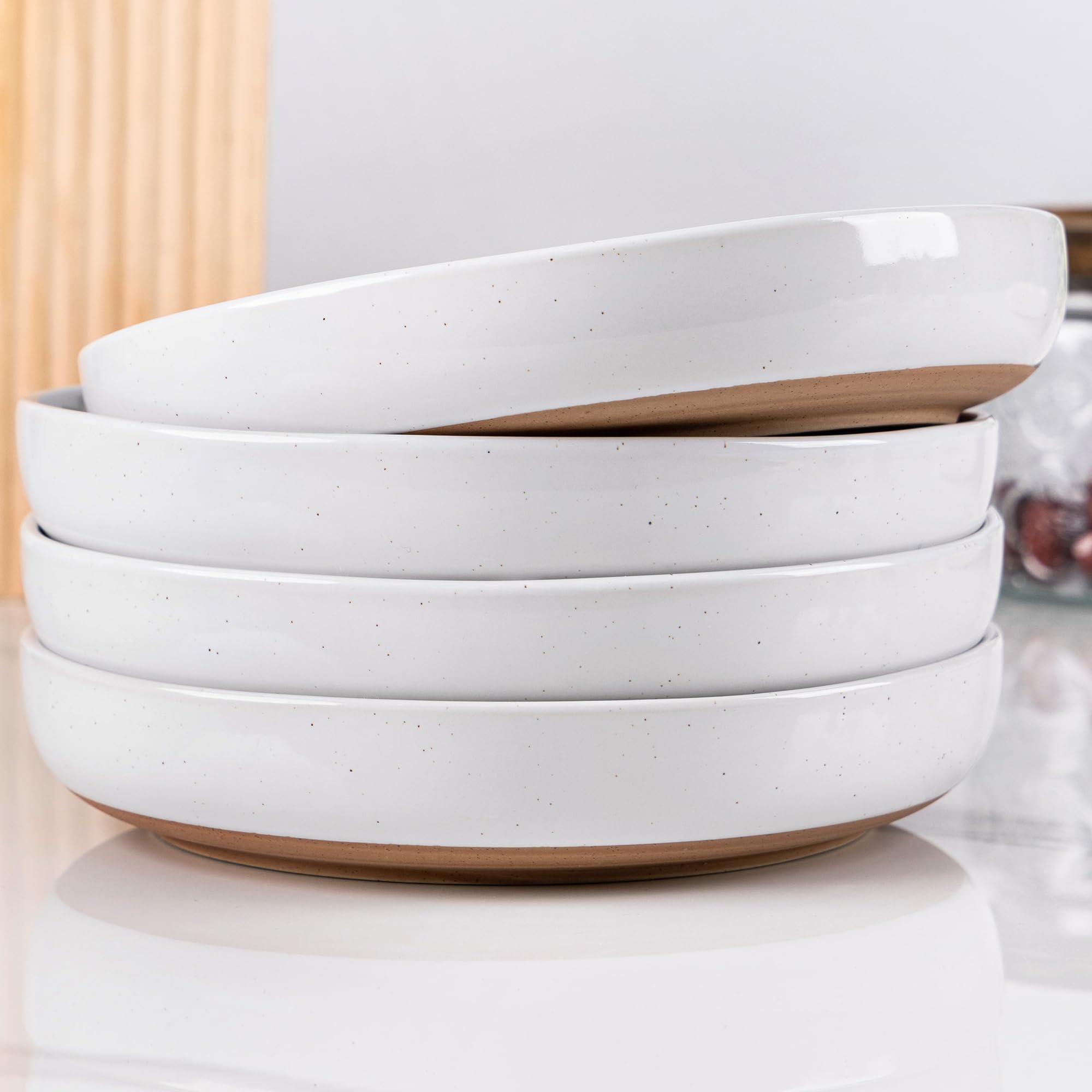 8.75'' Large Ceramic Pasta Bowls, 38oz Handpainted Stoneware Bowls Set of 4, Microwave&Dishwasher Safe Bowls with Rustic Terracotta Underside for Pasta Salad, White