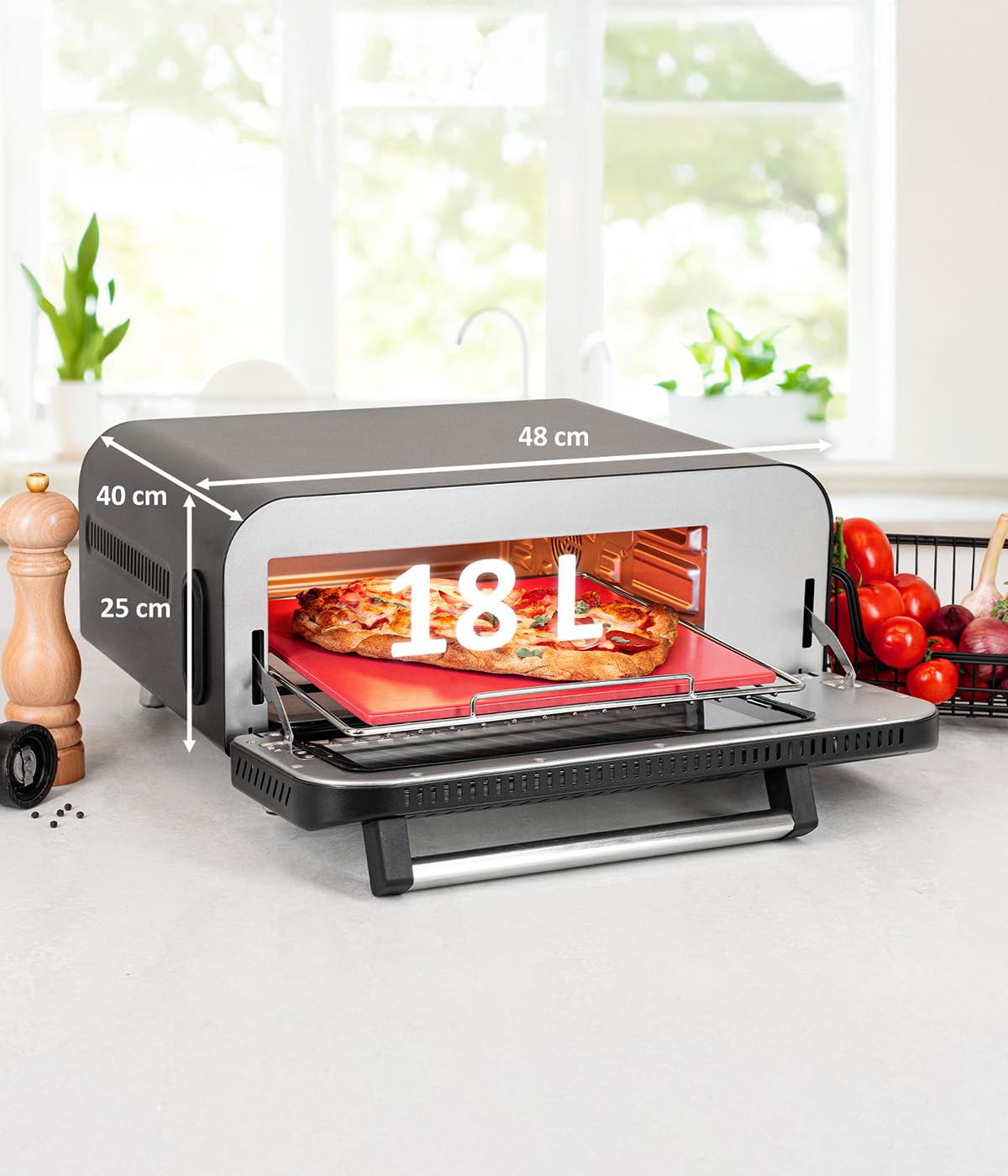 Genius Chef Four à pizza électrique, 10 en 1, 8 pièces, 400 °C, 2000 W, Airfryer intégré, grill à steak, pierre à pizza et pelle à pizza incluses, 4 modes, maintien au chaud avec triple vitrage
