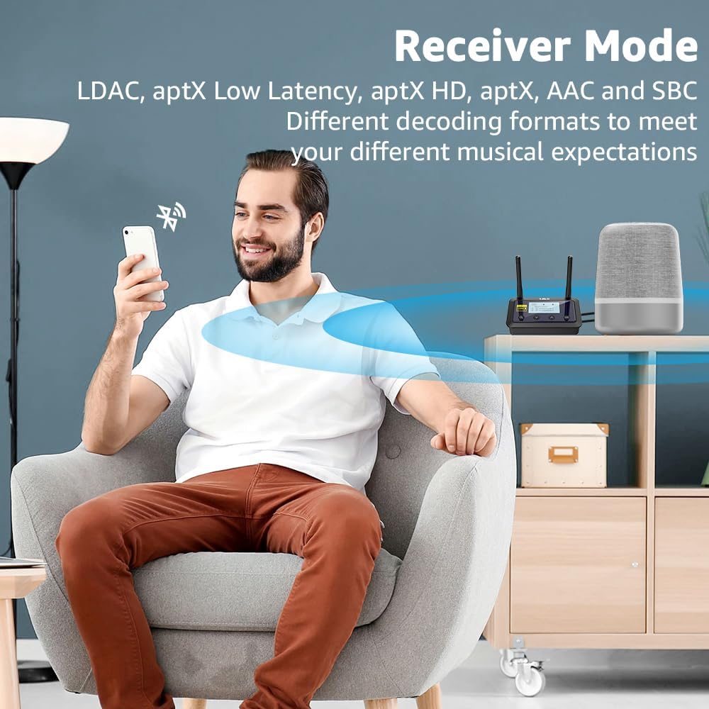 1Mii B03Pro+ Bluetooth 5.3 Transmitter Receiver Certified LDAC for TV Home Stereo, Long Range Bluetooth Extender Wireless Audio Adapter with Screen, Optical RCA AUX 3.5mm Outputs/Inputs