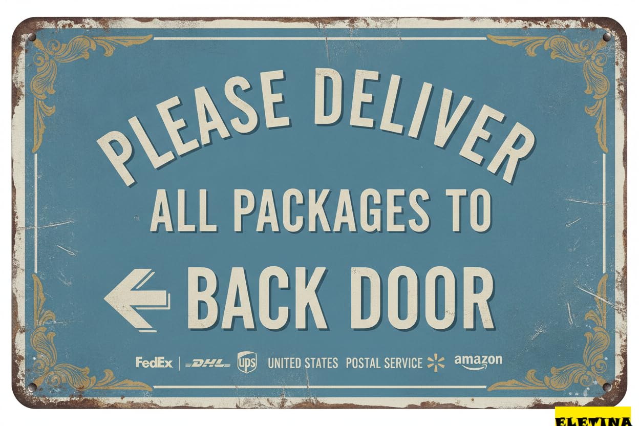 Deliver Packages To Back Door Arrow Tin Sign, 12x8 Inch